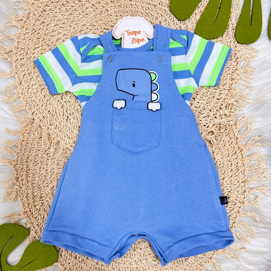  Conj. Body Listrado e Jardineira Dino - Verde e Azul